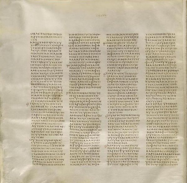 Página del Códice Sinaítico: cuatro columnas de letras griegas mayúsculas escritas de corrido, sin espacios entre palabras ni signos de puntuación.