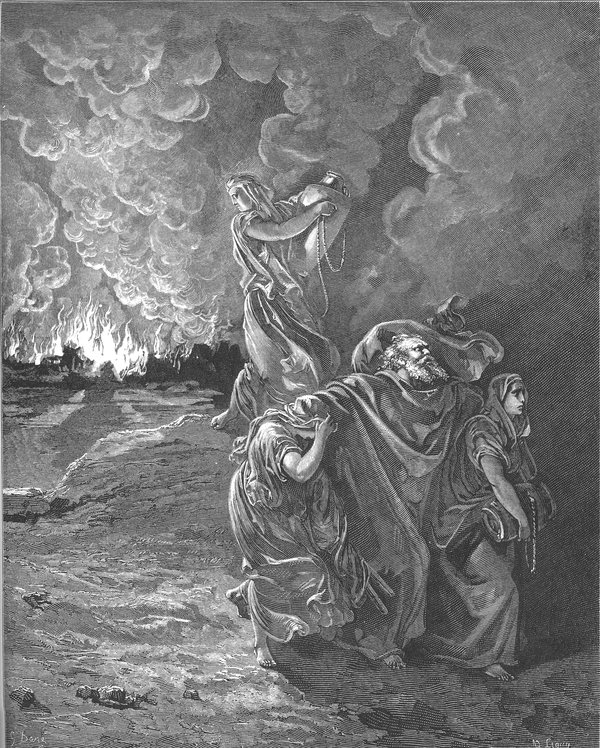 Grabado de Gustave Doré: Lot y sus hijas huyen mientras Sodoma y Gomorra arden al fondo, bajo un cielo cargado de humo.